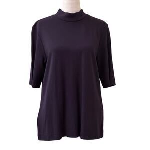 Ann Taylor Black Navy Short Sleeve High Neck Blouse Zip Back Size Large